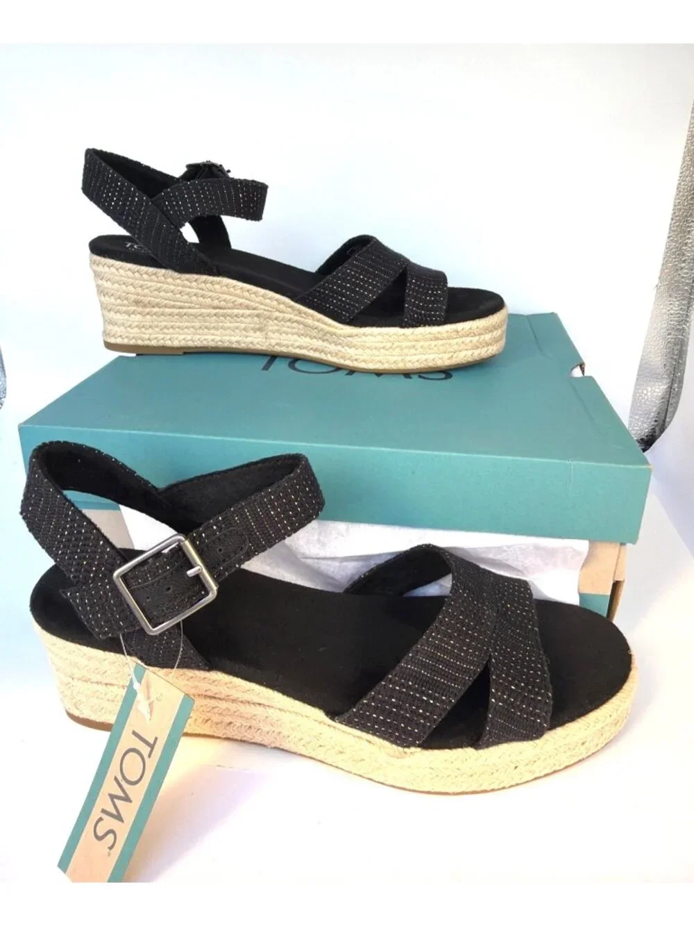 Toms Audrey Espadrilles Ankle Strap Black Metallic Wedges Women Size 9